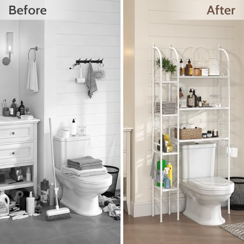 7-Tier Over the Toilet Storage Rack, Heavy-Duty Metal Bathroom Organizer with Adjustable Shelf, Toilet Paper Holder & Side Hooks, Space Saver for Small Bathrooms, Laundry Room & Apartments, White