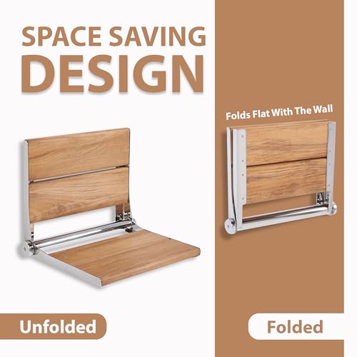 Teak Shower Seat - Contour Wood / Folding Wall Mount Bench for Inside Shower / ADA Safety Assist / 304 Stainless Steel / Polished Chrome / 18" x 16" - color: Polished Chrome, Teak, size: 18" x 16"