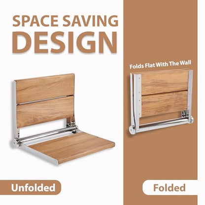 Teak Shower Seat - Contour Wood / Folding Wall Mount Bench for Inside Shower / ADA Safety Assist / 304 Stainless Steel / Polished Chrome / 18" x 16" - color: Polished Chrome, Teak, size: 18" x 16"
