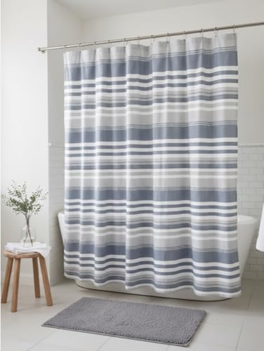 Modern Coastal Stripe Shower Curtain, Blue White Gray Thick Cotton, 72x72 | Elegant Modern Nautical Beach Striped Denim White Grey Hotel Feel Fabric, 72" x 72" Luxury Cloth Bathroom Décor - color: Oasis Blue