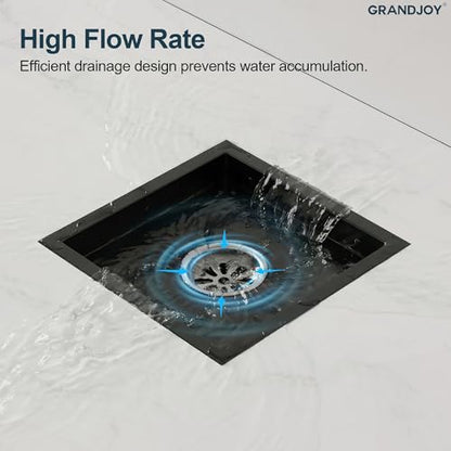 6 Inch Square Shower Floor Drain, Matte Black SUS304 Stainless Steel Grid Grate with X-Shaped High Flow Channel, Anti-Clogging Hair Strainer, Standard 2" Outlet | Reversible flat & tile-in cover, anti-odor auto-seal core, burr-free smooth edges for barefo
