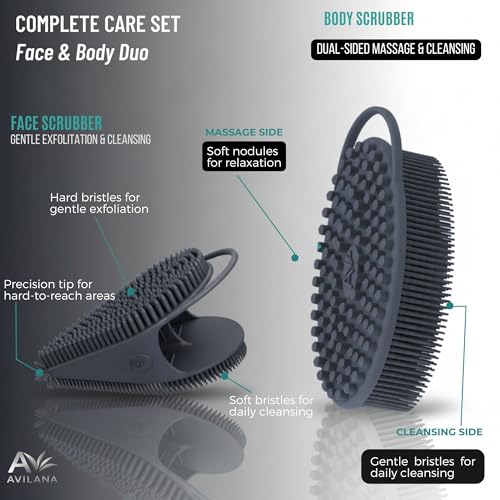 Avilana Premium Body Scrubber and Face Brush Set - Trusted Since 2017 - SGS Certified Silicone 2-in-1 Shower Kit, Dual Sided Gentle Exfoliating Loofah Alternative Sensitive Skin Women Men Gift - color: Blue, size: Body & Face
