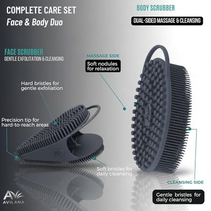 Avilana Premium Body Scrubber and Face Brush Set - Trusted Since 2017 - SGS Certified Silicone 2-in-1 Shower Kit, Dual Sided Gentle Exfoliating Loofah Alternative Sensitive Skin Women Men Gift - color: Blue, size: Body & Face