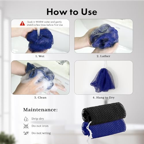 Bathway African Net Sponge Authentic (Set of 2), Exfoliating Body Scrubber | Exfoliating Net Sponge, Bath Sponge, Effective Exfoliation, Quick Dry, Blue & Black - color: Blue & Black