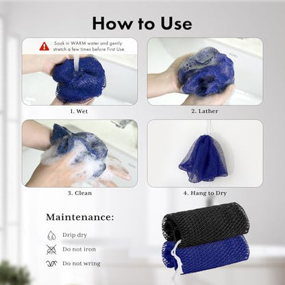 Bathway African Net Sponge Authentic (Set of 2), Exfoliating Body Scrubber | Exfoliating Net Sponge, Bath Sponge, Effective Exfoliation, Quick Dry, Blue & Black - color: Blue & Black