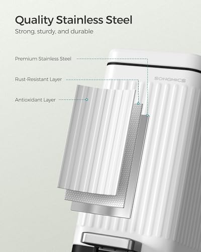 SONGMICS Bathroom Trash Can, 2.6-Gallon (10 L) Trash Bin with Lid, Slim for Small Spaces, Stainless Steel Garbage Can, Soft Close, White ULTB562W01 | Slim Bin for Small Spaces, Soft Close, Matte White, PATIA Collection ULTB562W01 - color: White, style: 2.
