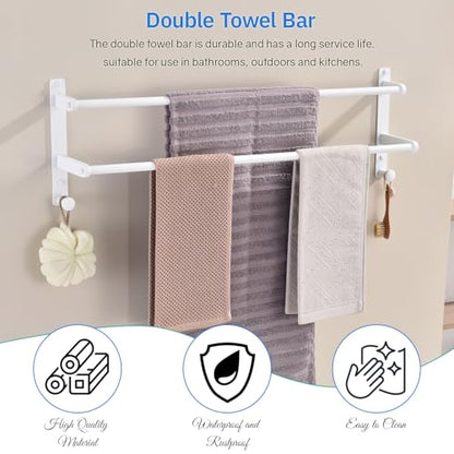 White Double Towel Bar with Hooks, 30 Inch Wall Mounted Long Towel Rack - Stainless Steel Bathroom Towel Holder - color: White, size: 30-Inch