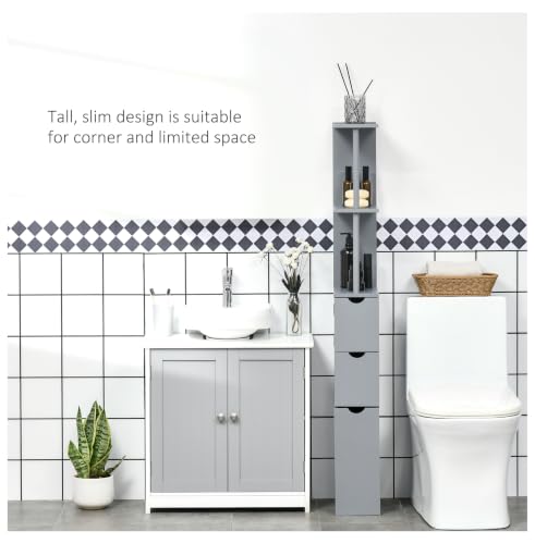Bathroom Storage Cabinet, 54" Tall Linen Tower, Freestanding Organizer with Drawers & Shelves, Narrow Side Cabinet, Grey