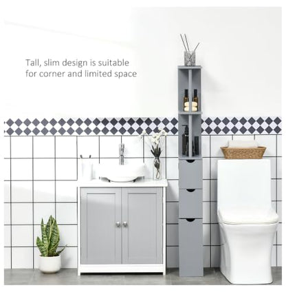 Bathroom Storage Cabinet, 54" Tall Linen Tower, Freestanding Organizer with Drawers & Shelves, Narrow Side Cabinet, Grey