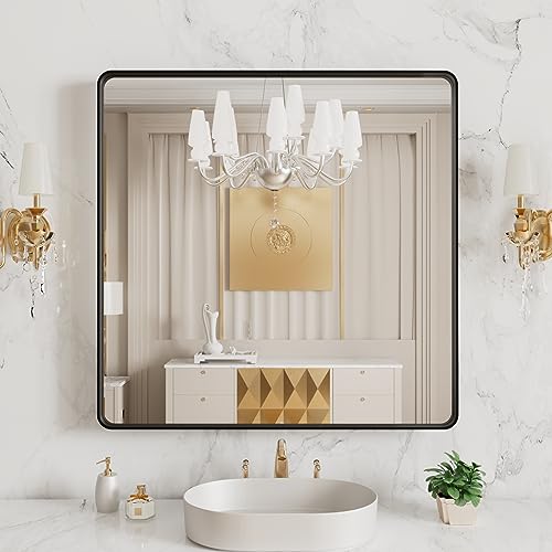 LOAAO 38x38 Inch Black Bathroom Mirror Metal Framed | Matte Black Bathroom Vanity Mirror, Rounded Rectangle, Anti-Rust, Tempered Glass, Hangs Horizontally or Vertically - color: Black, size: 38"L x 38"W