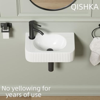 Wall Hung Bathroom Sink, QISHKA 17.5" X 11" Rectangular Floating Ceramic Wash Hand Basin White Wall Mount Vessel Sink for Small Bathroom and Small Cloakroom - size: 17.5" x 11" x 4.7"