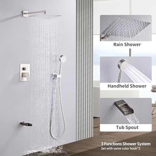 Brushed Nickel Shower Tub Faucet Set, Wall Mounted 10 Inch Shower Heads with Handheld Spray Combo and Tub Shower Faucet, Luxury Bathroom Square Rain Shower System - 4 Hooks - color: Brushed Nickel, style: 10 Inch with Tub Spout