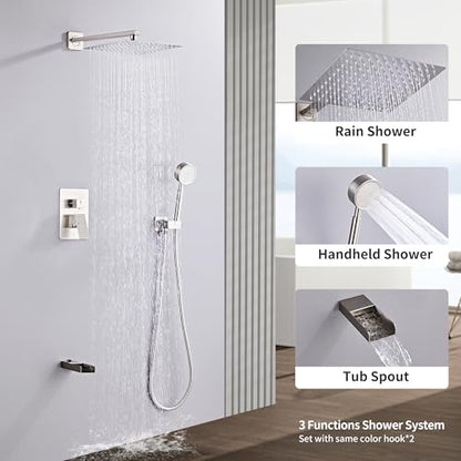 Brushed Nickel Shower Tub Faucet Set, Wall Mounted 10 Inch Shower Heads with Handheld Spray Combo and Tub Shower Faucet, Luxury Bathroom Square Rain Shower System - 4 Hooks - color: Brushed Nickel, style: 10 Inch with Tub Spout