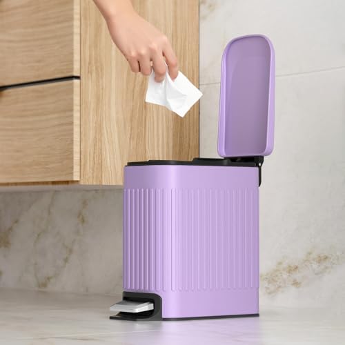 TrashAid 1.6Gal Slim Bathroom Trash Can with Lid Soft Close & Pedal, Purple | Removable Inner Bucket, Stainless Steel Garbage Can, Small Wastebasket for Toilet/Office/Bedroom, Retro Design, Odor Control - color: Purple