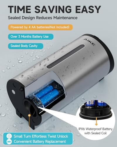 AIKE Automatic Liquid Soap Dispenser,25oz Capacity for Bathroom,Brushed | No-Drill and Screw Wall Mount Install Design for Space-Saving,4*AA batteries(Not Included) Ensure Long Standby,Model AK1205E - color: Brushed Stainless Steel