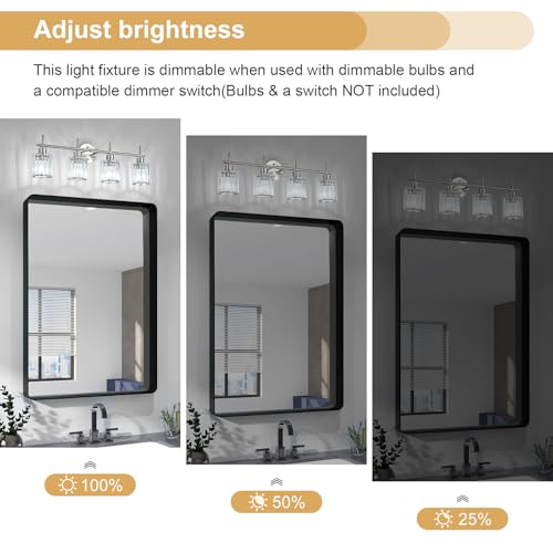Brushed Nickel Bathroom Light Fixtures, Round, 4-Light | Vanity Lights with Crystal Shades, Modern Bathroom Lighting Fixtures over Mirror (Bulbs Not Included, E26) - color: Brushed Nickel (Round), size: 4-Light
