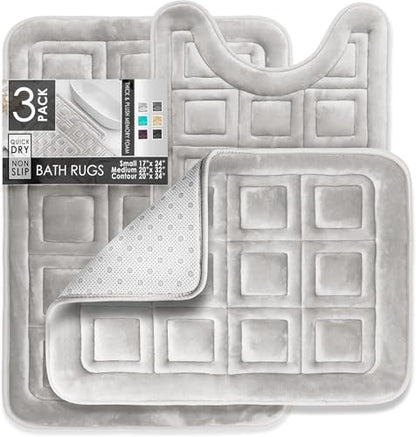 Clara Clark Set of 3 Bath Mats, Non-Slip Velvet Memory Foam Bathroom Rugs, Machine Wash, Soft and Plush Bath Rugs, 17 x 24 Inch, 20 x 32 Inch & U-Shaped 20 x 24 Inch, Waffle Design - Silver - color: Silver