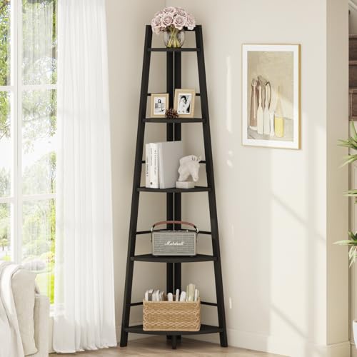 5-Tier Corner Shelf, Tall Corner Bookshelf for Living Room | Narrow Ladder Bookcase, Wood Corner Plant Stand for Small Space, Home Office, Black Metal Frame & Wood Grain, Black Oak - color: Black, size: Corner Ladder Shelf