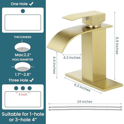 Bathroom Faucets Gold Waterfall Single Handle Bathroom Sink Faucet | with Pop-up Drain & Deck,Supply Hoses,Brushed Gold Single Handle Vanity Faucet,Stainless Steel,1 or 3 Hole,RV,Fits Home - color: A-Brushed Gold, style: Short