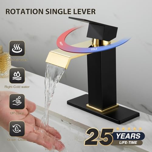 Bathroom Faucet Black & Gold Bathroom Sink Faucet Waterfall, Single Handle Vanity Faucet 1 Hole SUS304 Stainless Steel NSF PEX Tubing, CEC Certified, Pop-Up Drain & Supply Lines Included - color: Black and Gold, size: Short