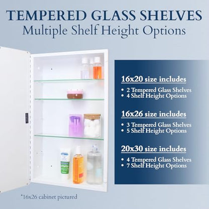 20x30 Harper Crescent Metal Framed Rectangle Recessed Bathroom Medicine Cabinet, Arced Mirror, 14x18 in-Wall Opening, Adjustable Glass Shelves, Magnet Close, White - color: White, size: 20x30
