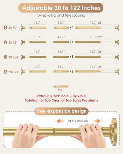 Gold Tension Shower Curtain Rod 30-96 In (8ft) 1.1" Diameter Stainless Steel, Rustproof Heavy Duty, No Drilling Adjustable Room Divider for Bathroom Window Patio Closet - color: Gold, size: 30-96''