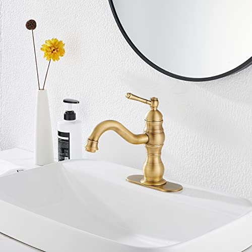 Antique Brass Bathroom Faucet GGStudy 360° Swivel Bathroom Vanity Faucet Single Handle One Hole Bathroom Sink Faucet Basin Matching Pop Up Drain with Overflow - color: Antique Brass, size: Short