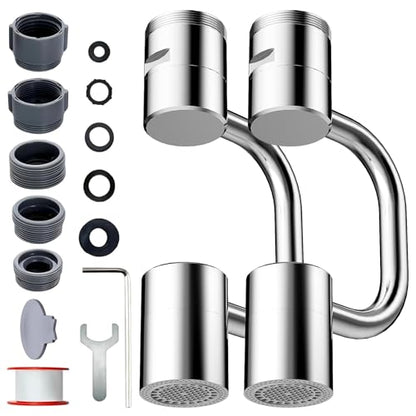 2 PCS 1440° Rotatable Faucet Aerator Extension Silver | 2 Modes Adjustable Water Flow, 1080° Swivel Design, Splash Proof Attachment for Kitchen & Bathroom Sink