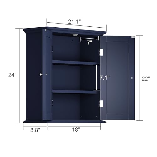 ChooChoo Bathroom Wall Cabinet with 2 Doors, Over The Toilet | 8.8"D x 21.1"W x 24"H, Medicine Cabinet, Adjustable Shelves, Cupboard, Navy Blue - color: Navy Blue, size: 8.8"D x 21.1"W x 24"H