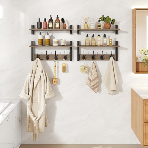 YMYNY Double Shelf Coat Rack Wall Mount with 8 Hooks, Silver Gray HWS009Y-2 | Wooden Coat Hanger Key Holder Wall Mount for Coats Hats Keys - Wood Wall Mounted Coat Rack with Shelf for Entryway & Bathroom - color: Silver Gray