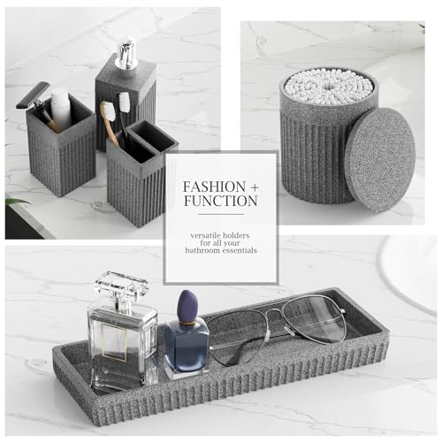 6-Piece Bathroom Set Grey - Stone Textured Resin Bathroom Organizer with Soap Dispenser, Toothbrush Holder, Vanity Tray, Tumbler & Cotton Swab Jars for Small Spaces - color: Grey