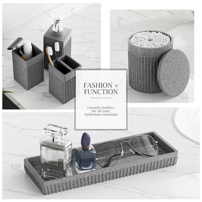 6-Piece Bathroom Set Grey - Stone Textured Resin Bathroom Organizer with Soap Dispenser, Toothbrush Holder, Vanity Tray, Tumbler & Cotton Swab Jars for Small Spaces - color: Grey