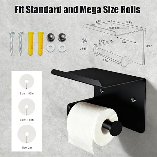 Matte Black Toilet Paper Holder with Shelf, SUS304 Stainless Steel Rustproof Wall Mount Toilet Paper Roll Holder, Screw Bathroom Toilet Paper Holder for Kitchen, Washroom, RV - color: Matte Black