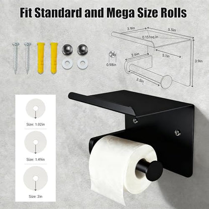 Matte Black Toilet Paper Holder with Shelf, SUS304 Stainless Steel Rustproof Wall Mount Toilet Paper Roll Holder, Screw Bathroom Toilet Paper Holder for Kitchen, Washroom, RV - color: Matte Black