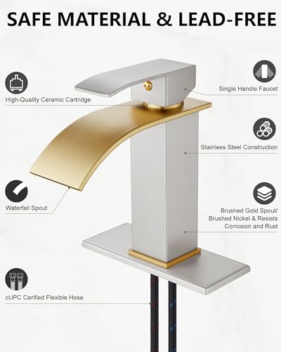 Midanya Waterfall Bathroom Faucet 1 Hole,Brushed Gold Spout/Brushed Nickel | with 24” Hoses,Pop Up Drain,6” Deck Plate,for 1 or 3 Hole Vanity,Lavatory,RV,Single Handle Bathroom Sink Faucet,NSF Certified - color: Gold Spout/Nickel