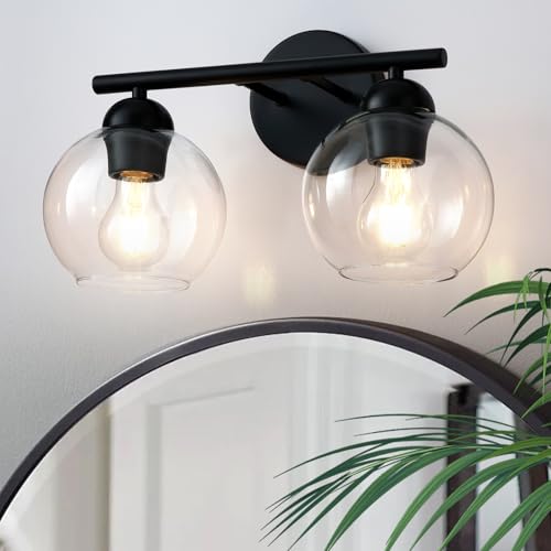 Black Bathroom Light Fixtures, 2 Light Bathroom Vanity Light with Globe Glass Shades, Modern Farmhouse Vanity Lights Over Mirror, Matte Black Wall Lights for Bedroom Restroom, E26 Socket - color: Black & Cear Glass, size: 2-Light