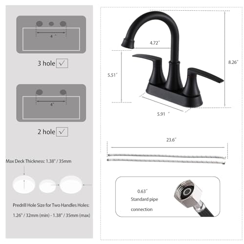 Lead-Free Matte Black Bathroom Sink Faucet, 2 Handle 4 Inch Centerset Faucet, Modern 360° Swivel High-Arc Spout Bath Lavatory Vanity Faucets for Sinks with Drain & Water Hoses, VALZST049B - color: Matte Black