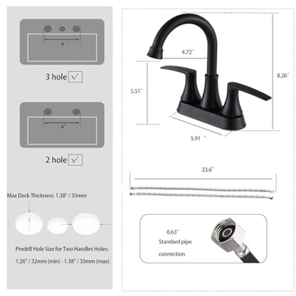 Lead-Free Matte Black Bathroom Sink Faucet, 2 Handle 4 Inch Centerset Faucet, Modern 360° Swivel High-Arc Spout Bath Lavatory Vanity Faucets for Sinks with Drain & Water Hoses, VALZST049B - color: Matte Black