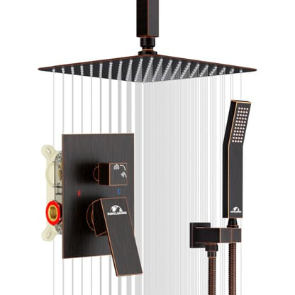 SunCleanse Rainfall Shower System with High Pressure in Oil Rubbed Bronze | Ceiling mounted shower combo set featuring a 10" square rain head, handheld spray, and rough-in mixer valve with trim. - color: Oil Rubbed Bronze, style: 10-ceiling