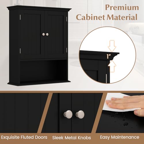 Bathroom Wall Cabinet, Over the Toilet Storage Cabinet with 2 Doors, 3 Heights Adjustable Shelf & Open Shelf, Wooden Hanging Medicine Cabinet for Bathroom, Kitchen, Living & Laundry Room, Black - color: Black