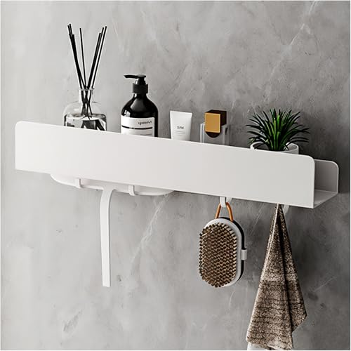 REKITA No Drill Shower Shelf Organizer, 40cm Stainless Steel Bathroom Storage with 4 Removable Hooks, Adhesive Wall Mounted Shower Caddy, Rustproof Bath Shelf for Bathroom Kitchen Living Room - color: White