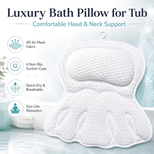 Bath Pillow for Tub, Soft Mesh Bathtub Pillow for Head Neck Back and Shoulder Support, Non-Slip Tub Pillow for Bathtub with 6 Secure Suction Cups and Hanging Hook, Bath Cushion for Soaking Tub