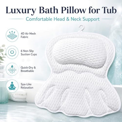 Bath Pillow for Tub, Soft Mesh Bathtub Pillow for Head Neck Back and Shoulder Support, Non-Slip Tub Pillow for Bathtub with 6 Secure Suction Cups and Hanging Hook, Bath Cushion for Soaking Tub