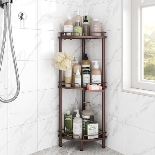 ELYKEN Corner Shower Caddy Standing, 3 Tier Metal Shower Organizer, Bronze | Stainless Steel Shower Shelves with Soap Holder, Adjustable Feet & 2 Hooks for Storing Bath Essentials in Bathroom corner - color: Bronze, size: 3 Tier