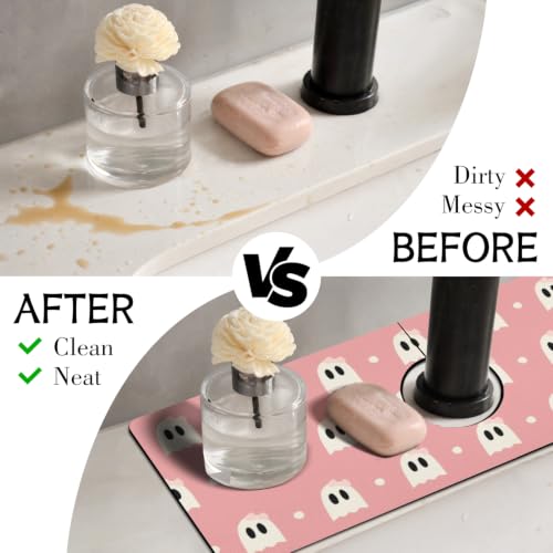 Halloween Kitchen Sink Splash Guard Faucet Mat,Pink Cute Ghosts Halloween Faucet Non-Slip Absorbent Mat,Farmhouse Sink Splash Guard Behind Faucet for Kitchen Bathroom,15"x5.5" - color: Drying Faucet Mat 13