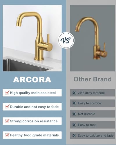 Bar Sink Faucet Single Hole: ARCORA Brushed Gold Wet Bar Faucets - Prep Sink Faucet 360 Swivel - Small Kitchen Bathroom Faucet with cUPC Supply Lines - color: Brushed Gold