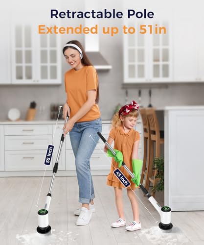 Cordless Electric Spin Scrubber with 7 Brush Heads, White-te1 | Adjustable long handle for shower, tile, grout, sink, tub, floor, and car wheel cleaning - size: 7heads