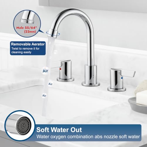 Bathroom Sink Faucet 3 Hole, 8 Inch Widespread, Polish Chrome | Lead-Free SUS304 Stainless Steel 8-Inch Widespread Bathroom Faucet with Pop-Up Drain & Supply Lines - color: Polish Chrome