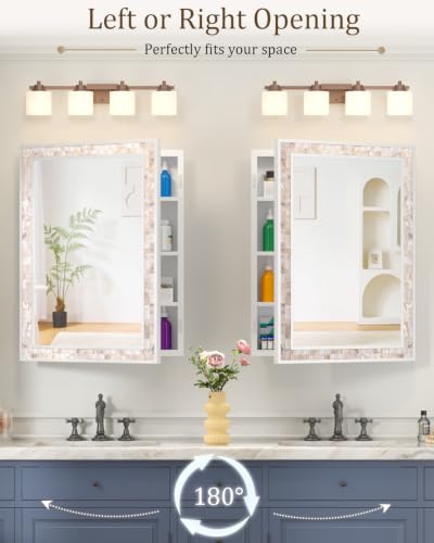 20"x26" Hand-Inlaid Natural Shell White Medicine Cabinet Mirror for Bathroom, Bedroom, Living Room, Entryway, Easy to Install Left or Right Opening Bathroom Wall Cabinet Recessed and Surface Mount - color: 20"x26"-white