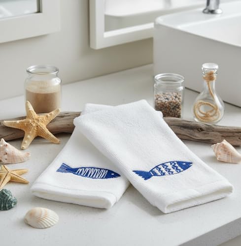 Serafina Home Summer Soft Absorbent Bathroom Coastal Guest Embroidered Fingertip Towels: Sealife Blue Fish Design, 2 Piece 12" x 18" Inches - color: Blue Fish